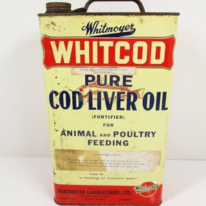 Vintage Whitmoyer Whitcod Pure Cod Liver Oil Animal & Poultry 1 Gallon Can Sign